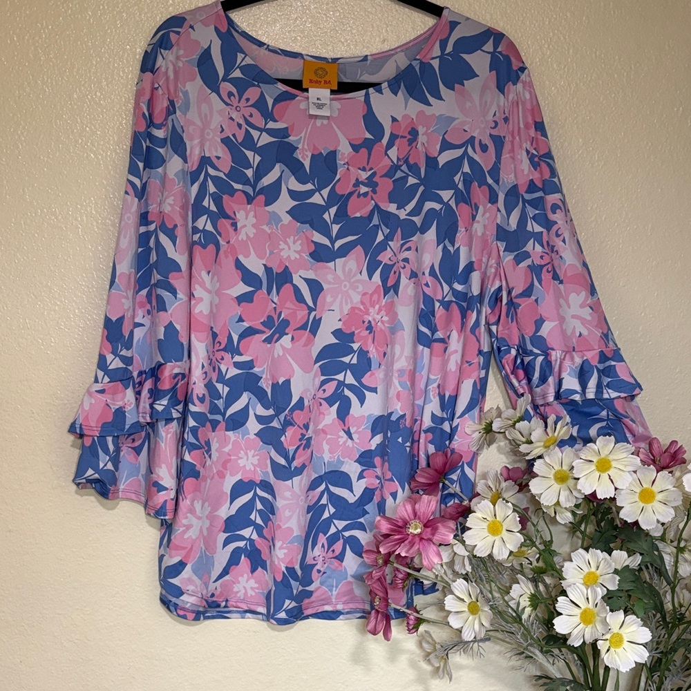 Ruby Rd. Pink and Blue Floral Ruffle-Sleeve Tunic